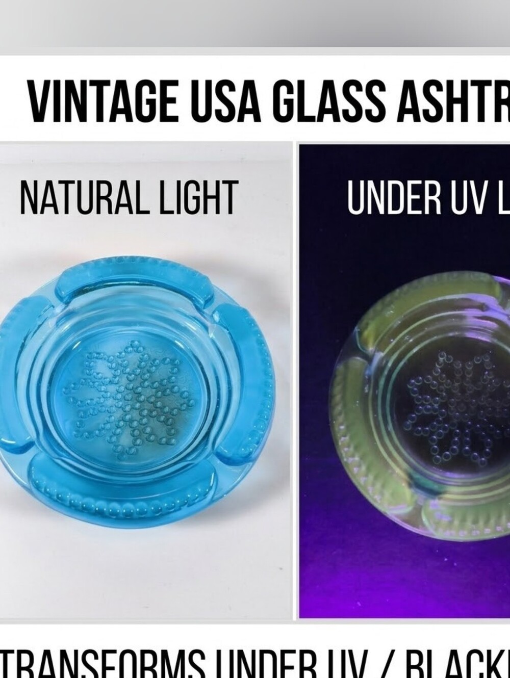 ​Vintage Aqua Blue Glass Ashtray Beaded Rim Daisy USA Made MCM UV Glow Catchall